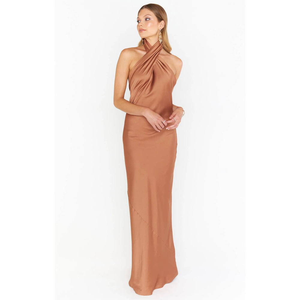Show Me Your Mumu Jasmine Halter Maxi Dress in Copper Luxe Satin S